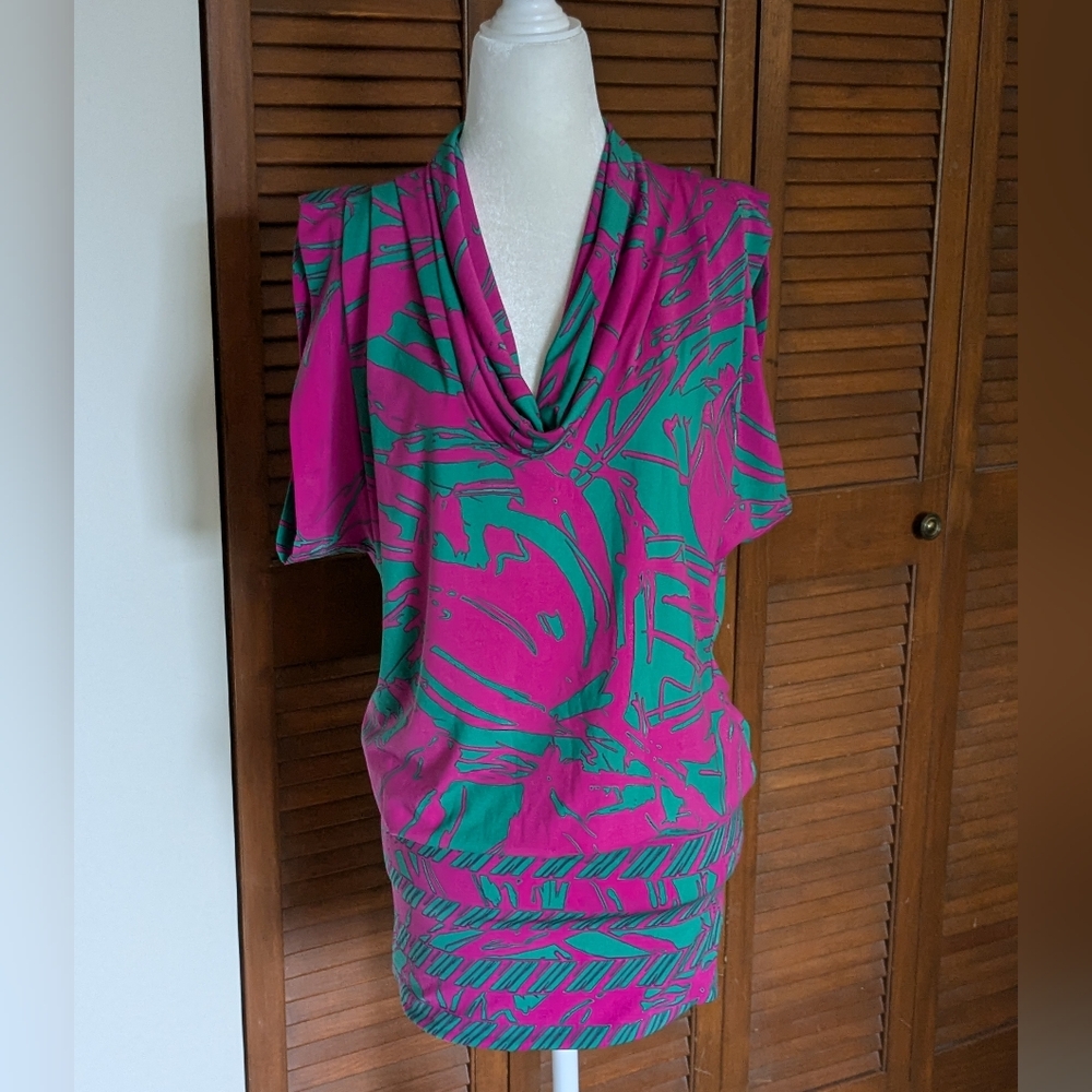 NWOT BCBGMaxazria Tropical Pink and Green Cowl Neck Banded Bodycon Dress